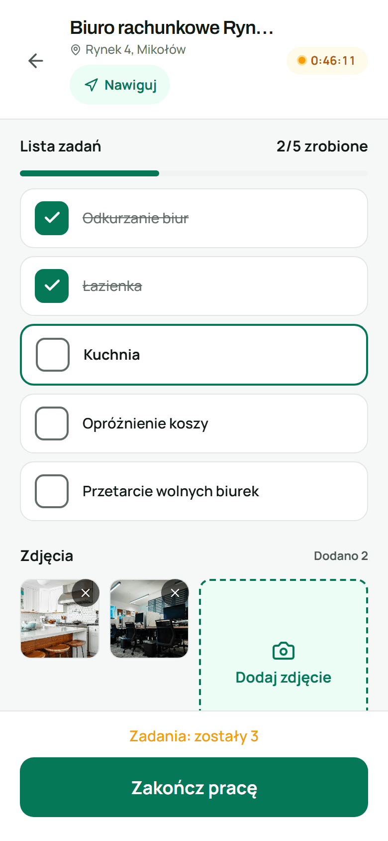 Telefon pracownika w Cleanbeat podczas wizyty w biurze rachunkowym przy Rynku 4: licznik czasu, lista zadań z dwoma odhaczonymi punktami, miniatury zdjęć i przycisk „Zakończ pracę”